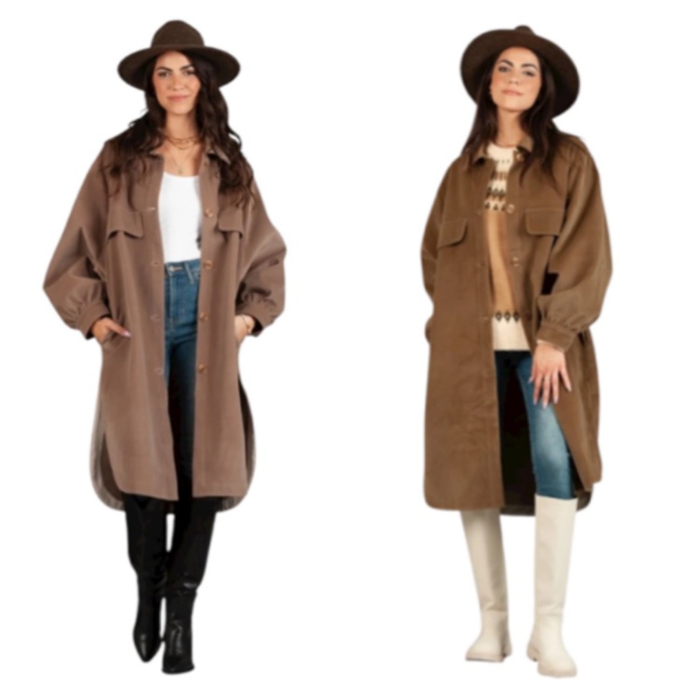 Jacket shirt Tanana Brown Mocha long line jacket pockets faux suede NWT